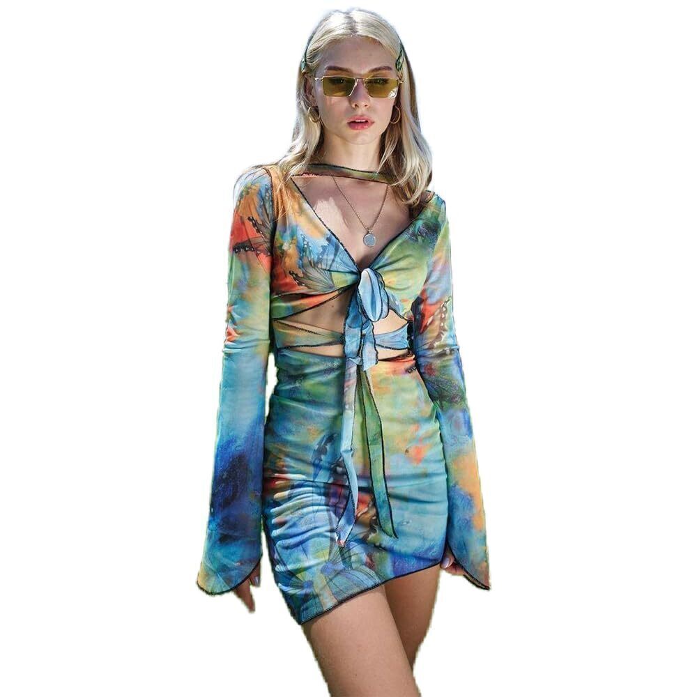 6251 Rave Outfits Set Festival 2 Pieces Y2K Butterfly Dress Fairy Long